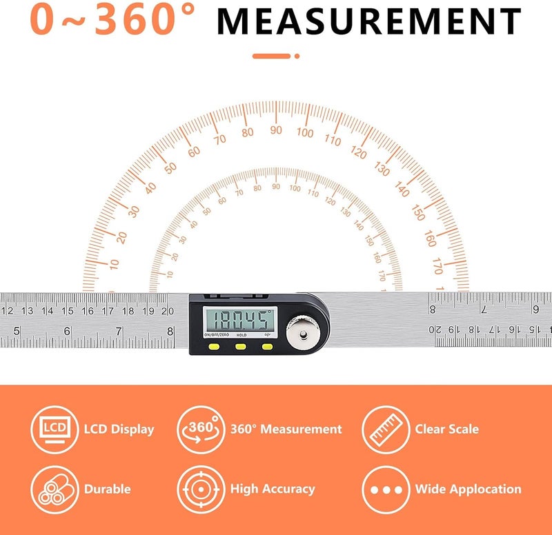 Yangoutool Store Yanguotool Digital Angle Ruler: 200mm/8-Inch Protractor Finder with Stainless Steel Ruler, Ideal for Woodworking, Construction, Level Measuring - Image 3
